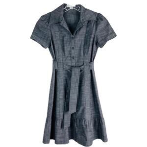 Jessica Simpson grey chambray preppy prairie ruffle belted midi dress 4